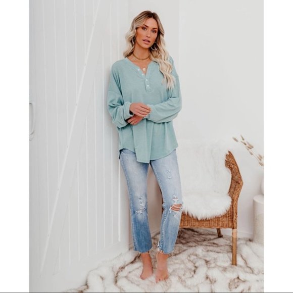 MAGGIE RELAXED KNIT HENLEY TOP SAGE - Picture 8 of 11